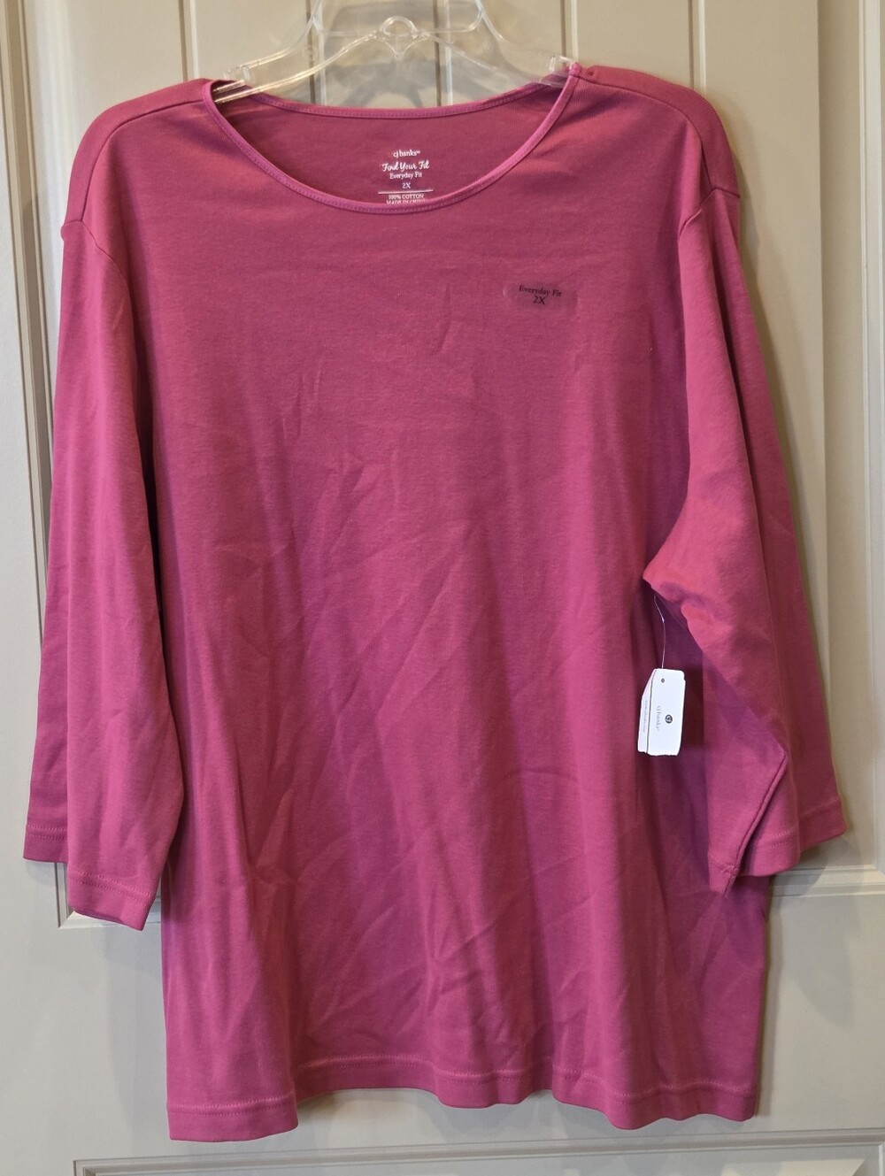 NWT CJ Banks 2X Pink 3/4 Sleeve Perfect Tee Everyday Fit 100% Cotton Plus Size